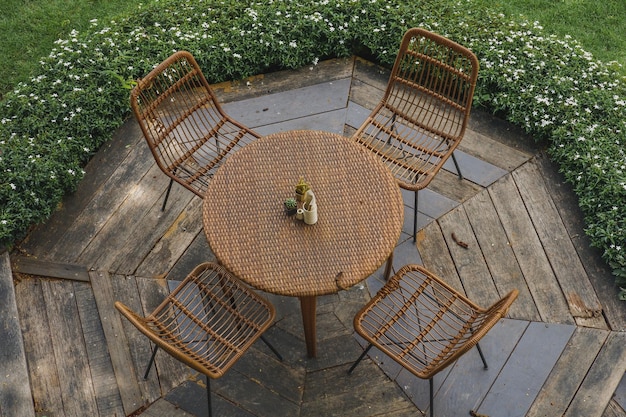 a old wood table at garden yard with top angle background