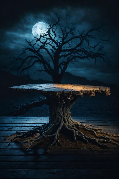 Old wood table and silhouette dead tree at night for halloween background