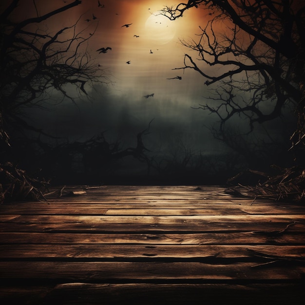 Old wood table and silhouette dead tree at night for Halloween background