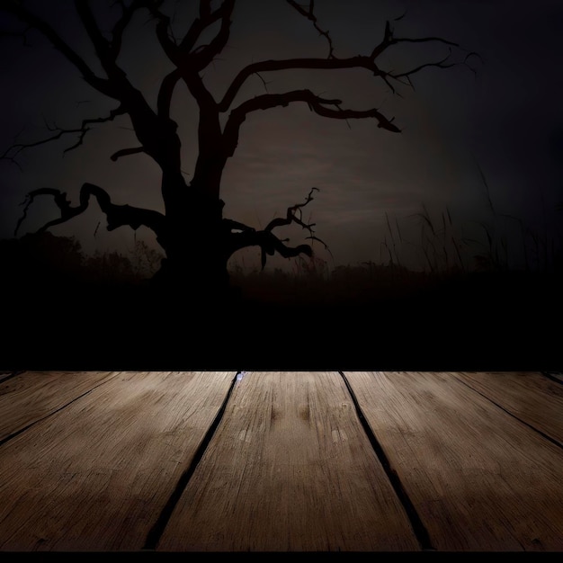 Old wood table and silhouette dead tree at night for Halloween background