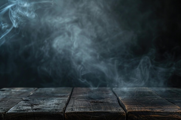 Old wood table with smoke in the dark background