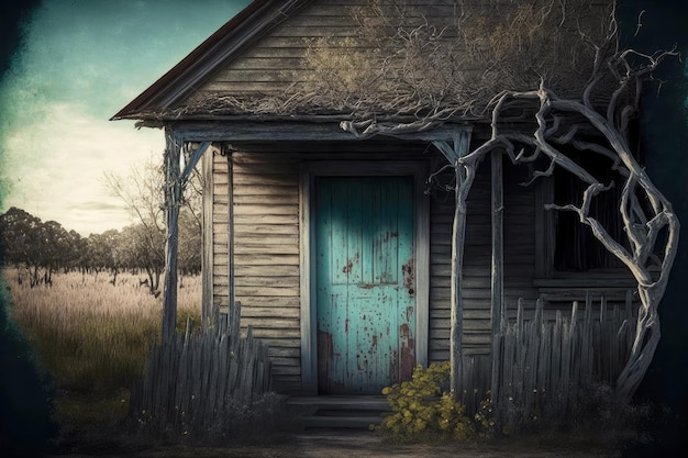 Old wooden abandoned house with doorway in countryside