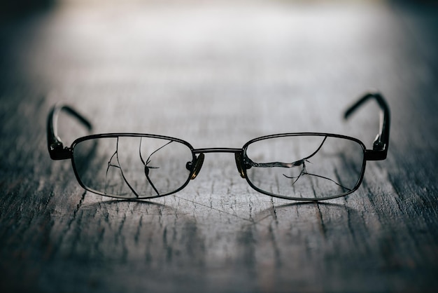 On an old wooden background men's glasses with cracked glasses studio photography closeup