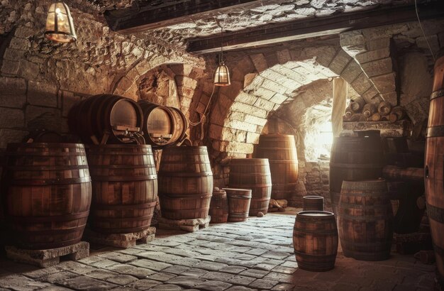 Old wooden barrels in wine vault illuminated by the rays of the setting sun