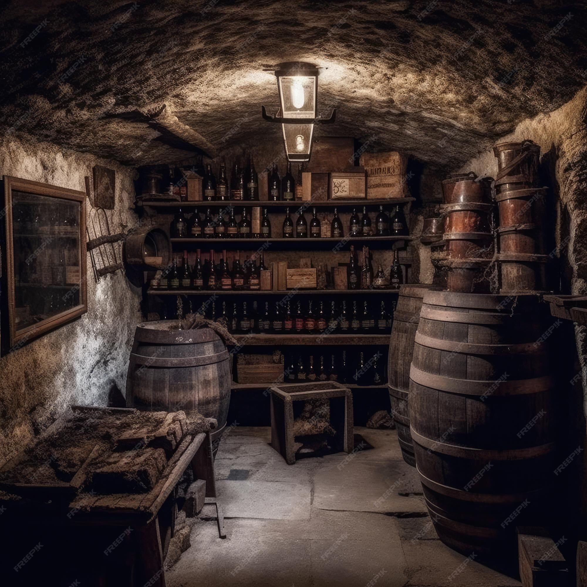 Premium AI Image Old wooden barrels with wine in the ancient medieval