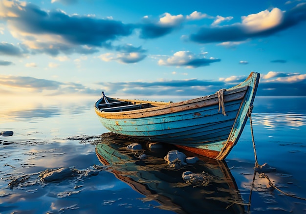 Old wooden boat on the beach with reflections in the water AI generated