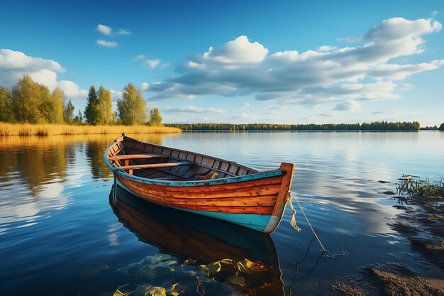 Old wooden boat on the shore of a mountain lake in the morning