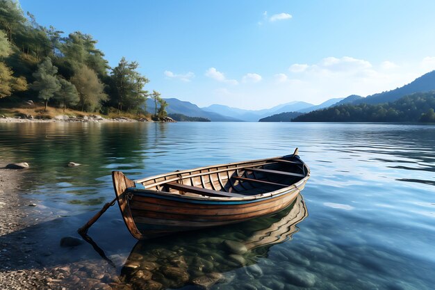 Old wooden boat on the shore of a mountain lake in the morning