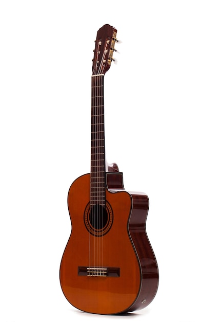 old wooden brown guitar isolated over white background