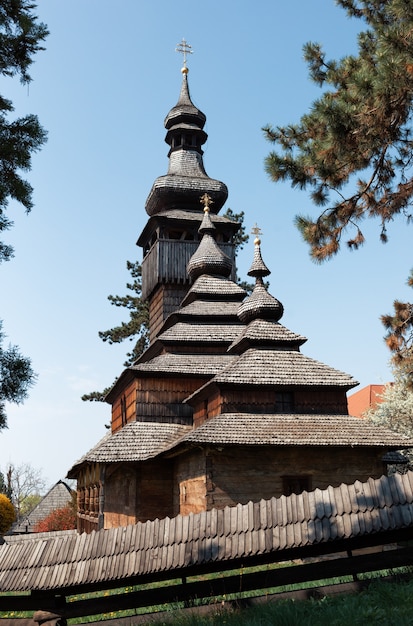 Old wooden church in Uzhgorod, Ukraine. Greek-Catholic Church of the Holy Archangel Michael built in 1777 without any iron nail