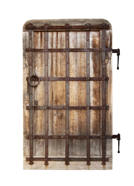 Old wooden closed door isolated on white background