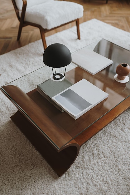 Старый деревянный журнальный столик с журналом подсвечника лампы чая на ковре Удобное кресло Классическая концепция дизайна интерьера