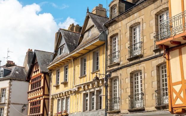 Old wooden colored houses in the medieval village of Quimper in the Finisterre department. French Brittany, France