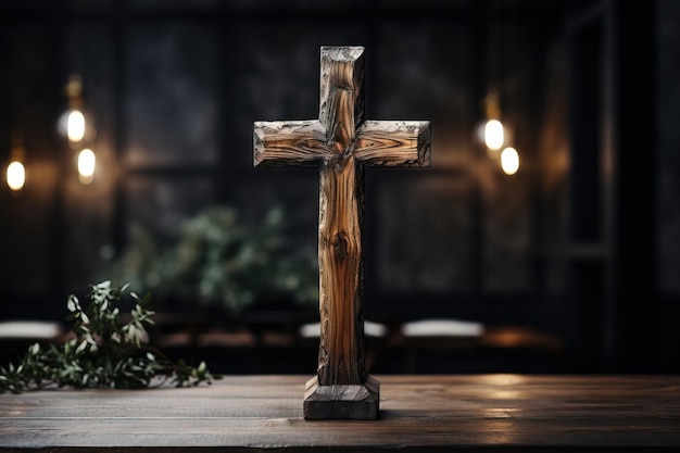 古い木製の十字架はぼんやりした背景のテーブルの上に教会に置かれています