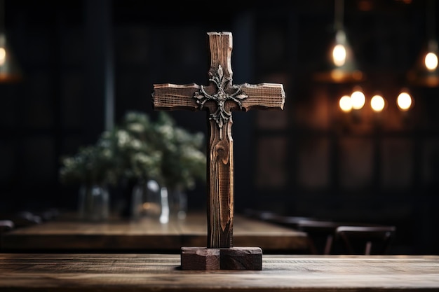 Старый деревянный крест в церкви на столе на размытом фоне Генерация AI