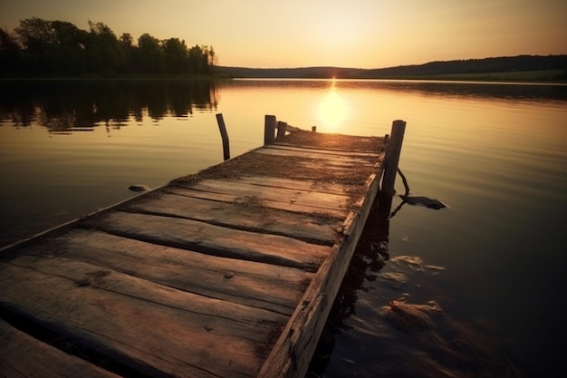 Old wooden dock at the lake sunset shot