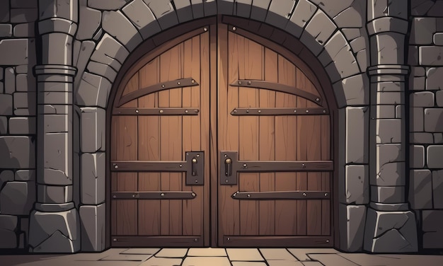 Old wooden door of medieval castle illustration of stone wall