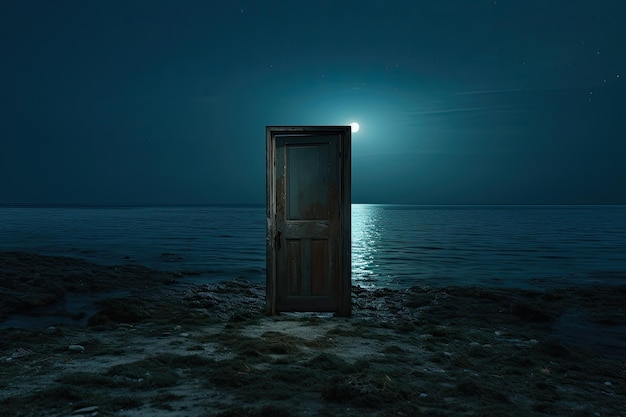 Foto una vecchia porta di legno sulla riva dell'oceano