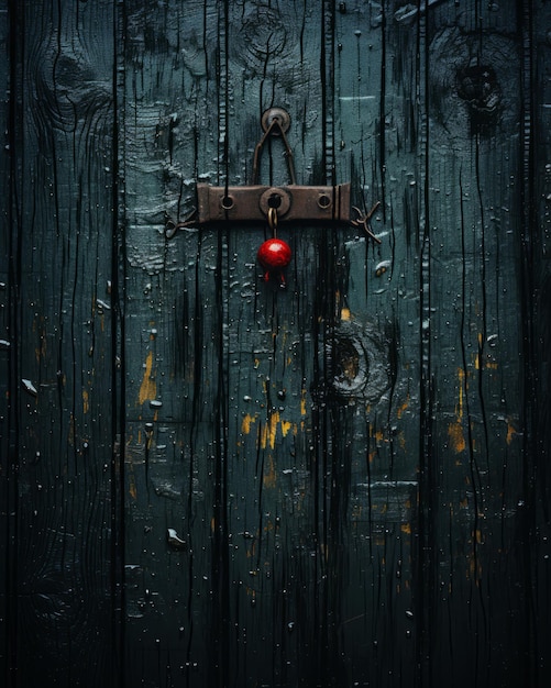 an old wooden door with a red lock on it