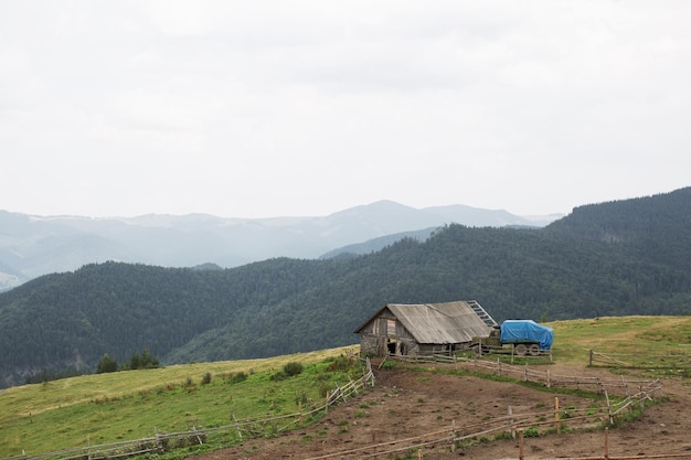 緑の牧草地の山の古い木造農場