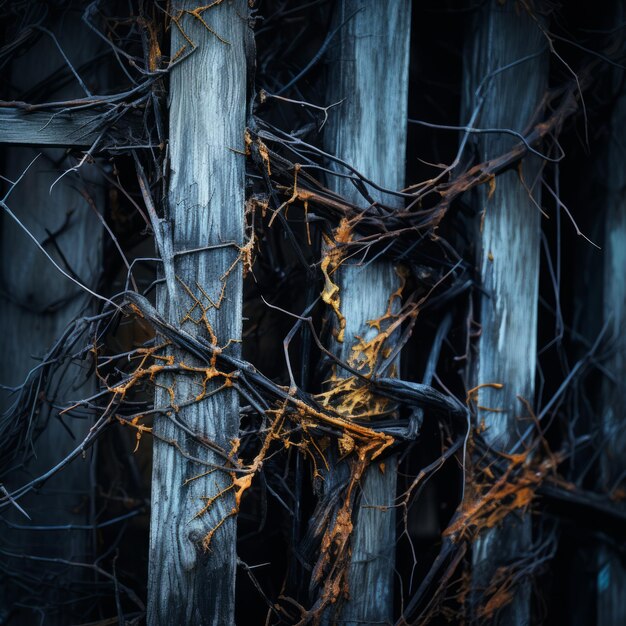 an old wooden fence with vines growing on it