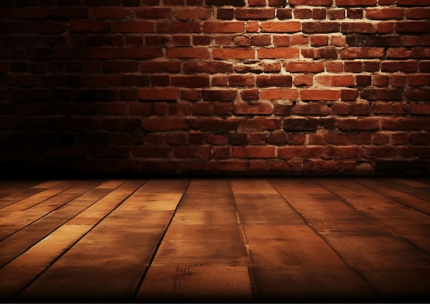 Old wooden floor with brick wall Brown background vintage red clay bricks backdrop old room