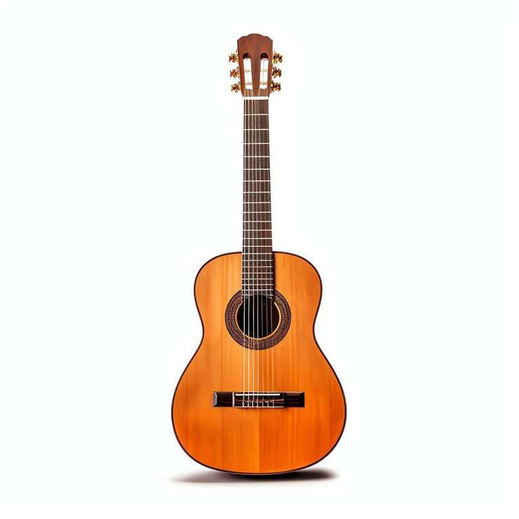 a old wooden guitar studio light isolated on white background