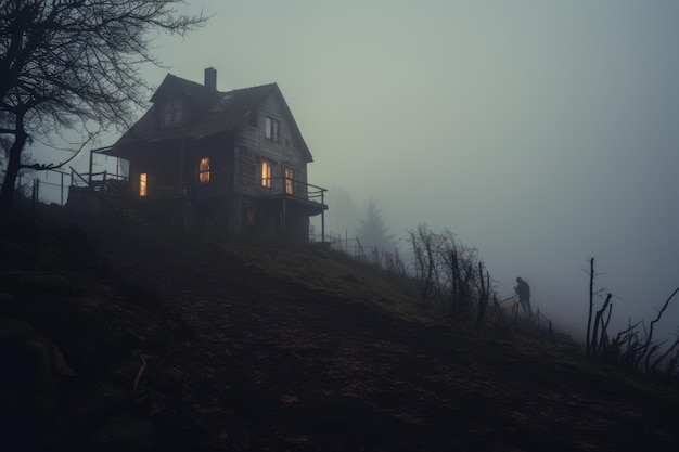 夕方、丘の中腹の霧の中の古い木造家屋
