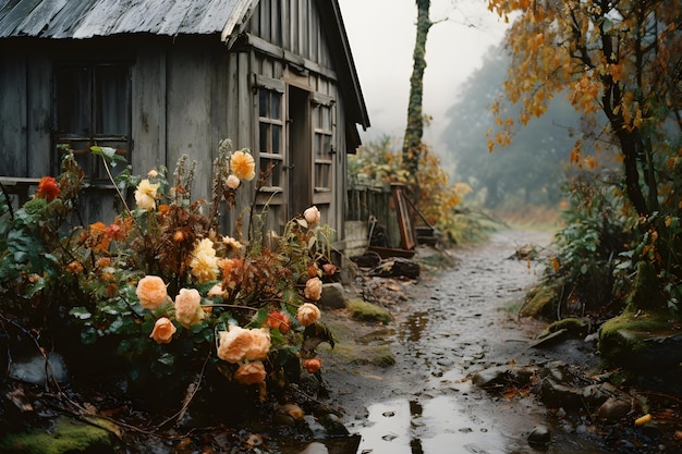 黄色い花がく秋の森の古い木製の家