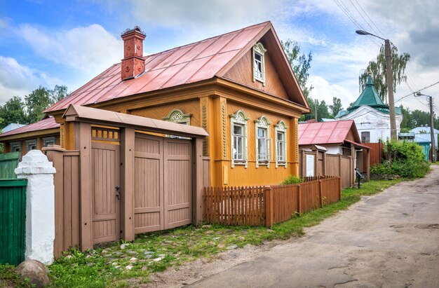 The old wooden House of the Maklashins on Nikolskaya Street in Plyos on a summer sunny day.  Inscription: House of Maklashins