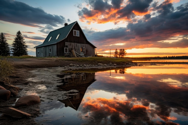 Old wooden house on the shore of a lake at sunset in Finland On the banks of Wall Lake a rear view AI Generated