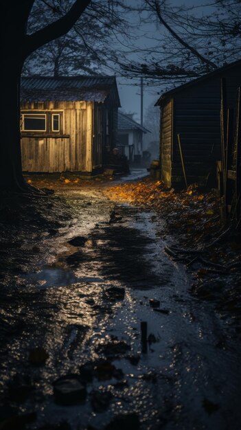 an old wooden house sits in the middle of a wet street at night