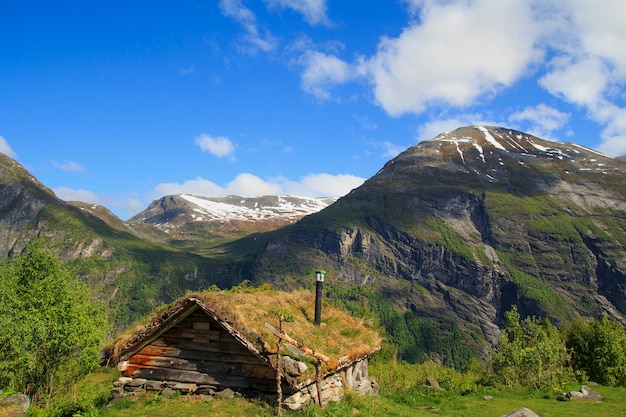 Old wooden house with grass roof in Norway