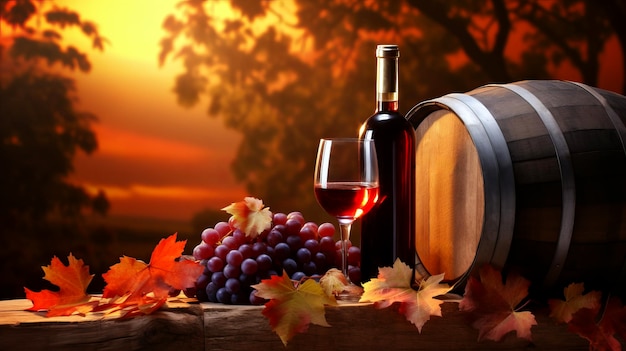 Photo old wooden keg with bottle and glass of red white wine rural vineyard on background