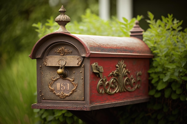 Old wooden mailbox with a brass plaque and red flag in the garden created with generative ai