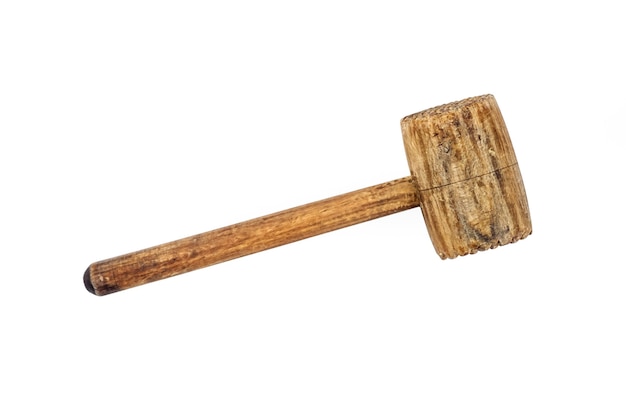 Old wooden meat hammer isolated on white background with clipping path