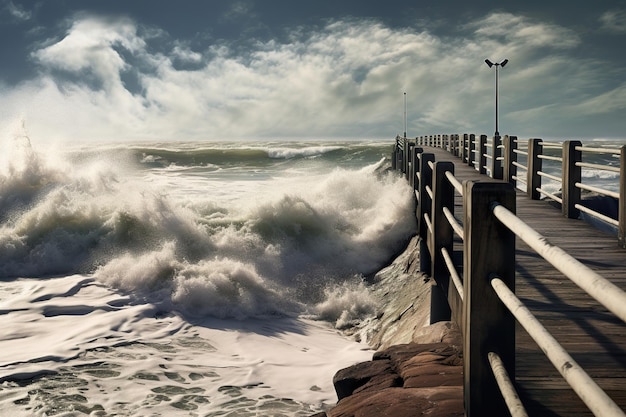 Photo old wooden pier surrounded by sea waves