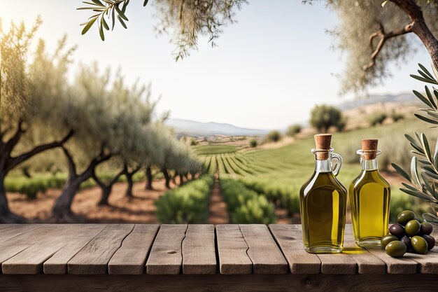 Старый деревянный дисплей с натуральным зеленым оливковым полем и оливковым маслом