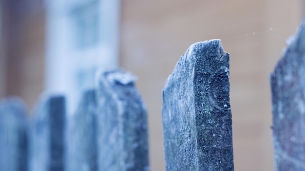 Old wooden rustic fence close up on greenery background