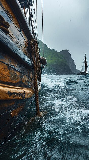 Old wooden sailing ship on a stormy sea with an island on the horizon