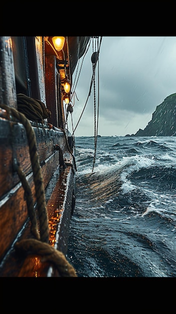 Old wooden sailing ship on a stormy sea with an island on the horizon