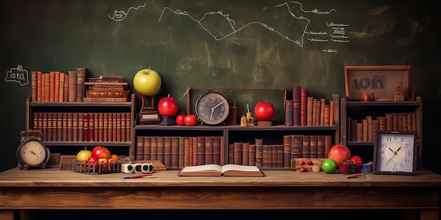 Old wooden school table and school supplies