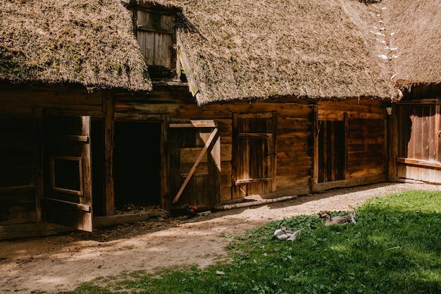 わらの屋根の古い木の小屋