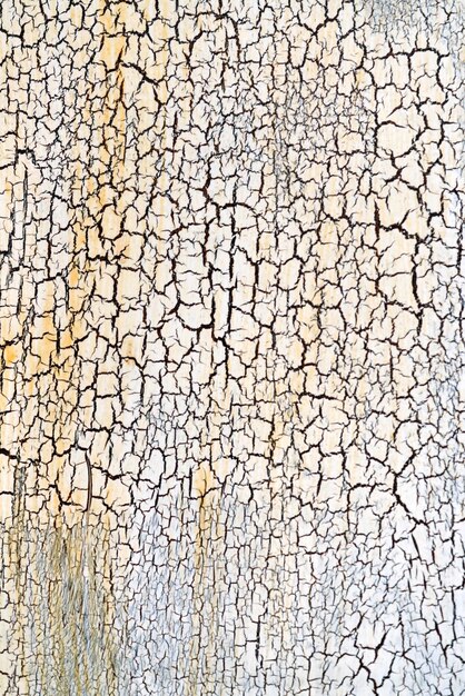 금이 간 흰색 페인트와 노란색 반점 배경 텍스처가 있는 오래된 나무 표면