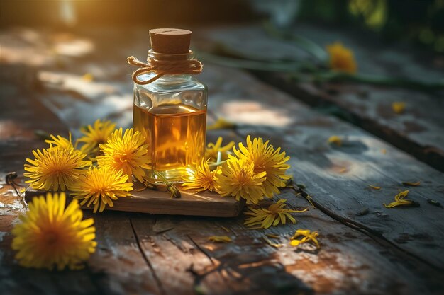 Old Wooden Surface with Dandelion Oil and Flowers