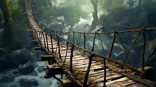 Photo old wooden suspended bridge