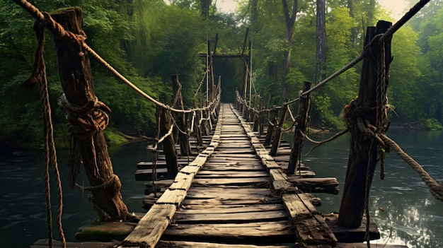 Photo old wooden suspended bridge