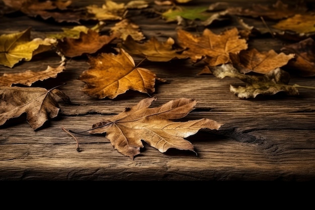 Old wooden table covered with autumn leaves