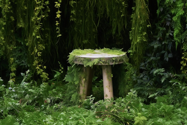 Photo old wooden table in the middle of the forest with green plants