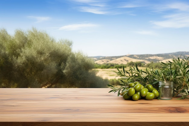 Old wooden table for product display with natural green olive field and green olives